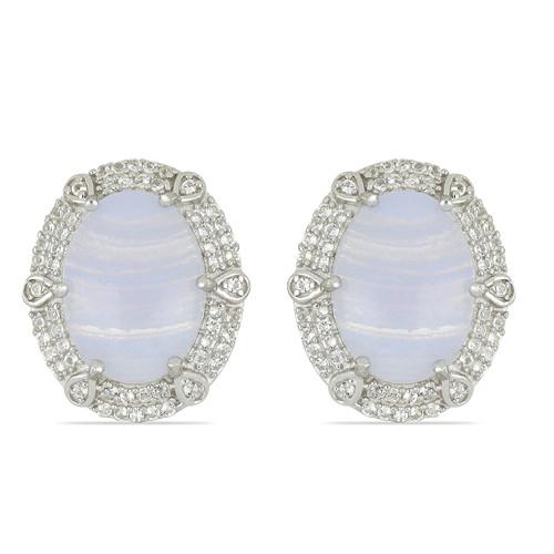 STERLING SILVER NATURAL BLUE LACE AGATE GEMSTONE BIG STONE EARRINGS